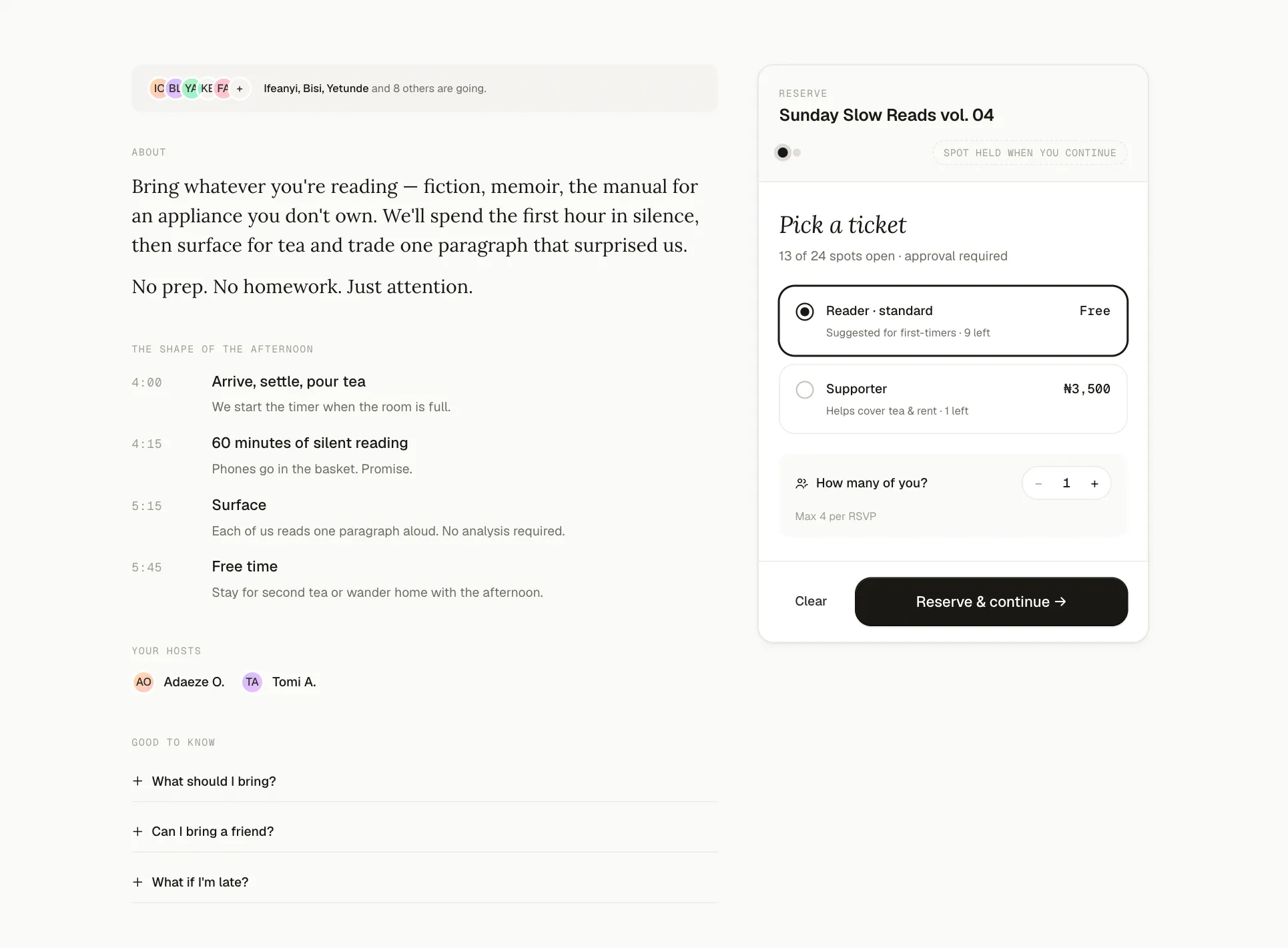 ipejo event page showing an RSVP list and a ticket reservation panel with ticket tiers