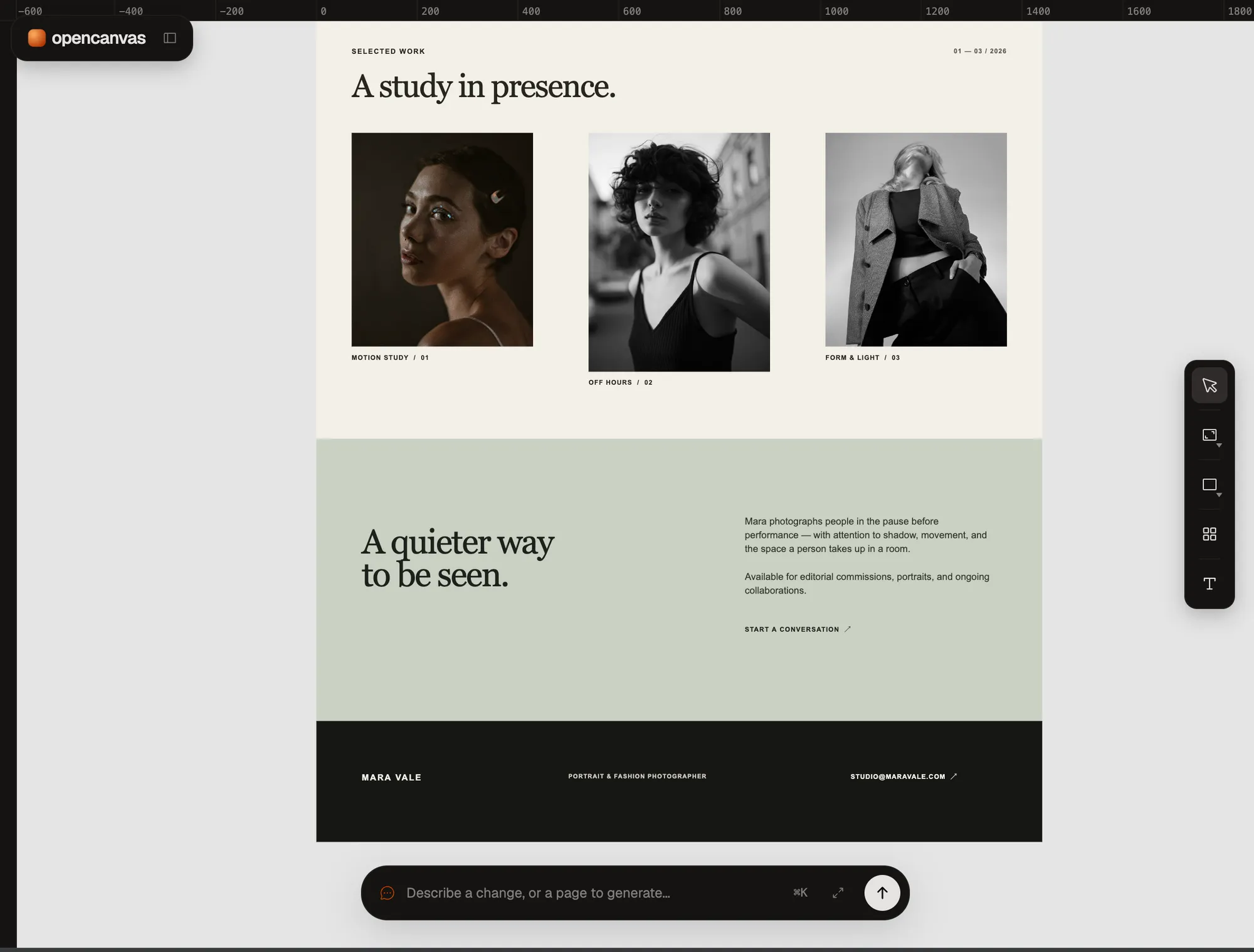 OpenCanvas editor showing a portrait photography portfolio layout being designed on an infinite canvas
